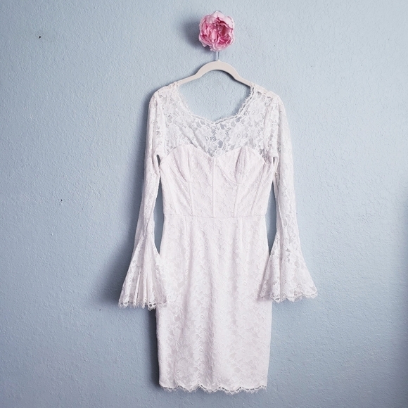 BCBGmaxazria Salina White Corset All Over Lace Bell Sleeve Mini Dress - Picture 2 of 12